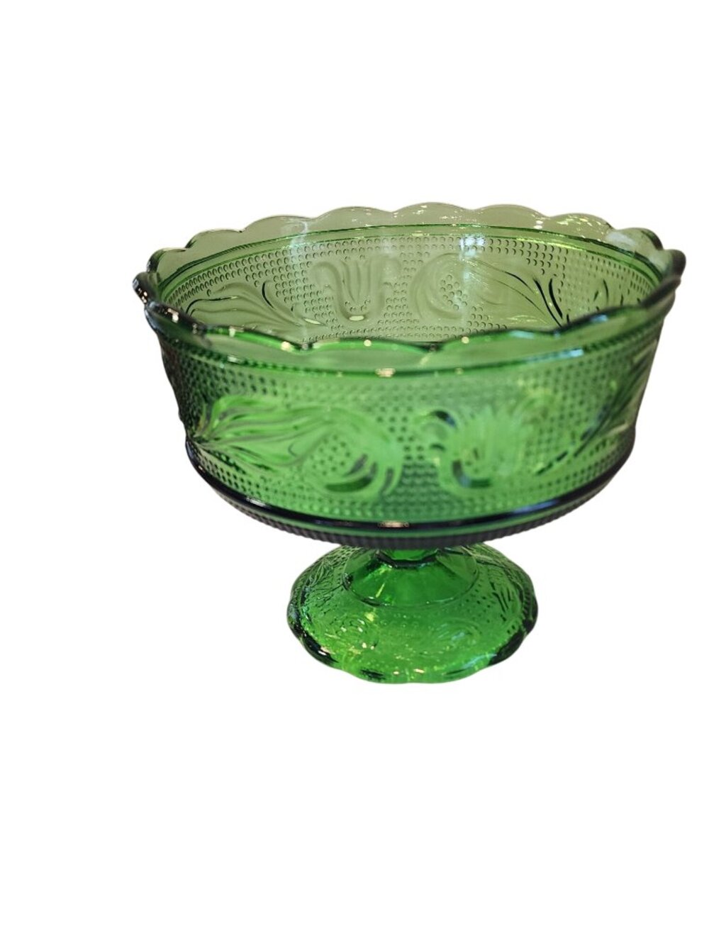 Vintage E.O. Brody Green Glass Pedestal Compote Candy Dish Footed Bowl USA
